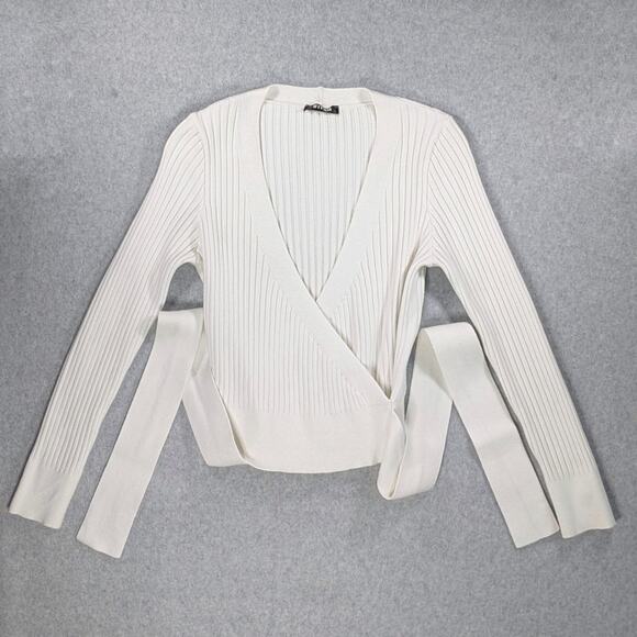 BTFBM Wrap V-Neck Cropped Sweater White Ribbed Knit Long Sleeve Women’s L - Picture 4 of 16